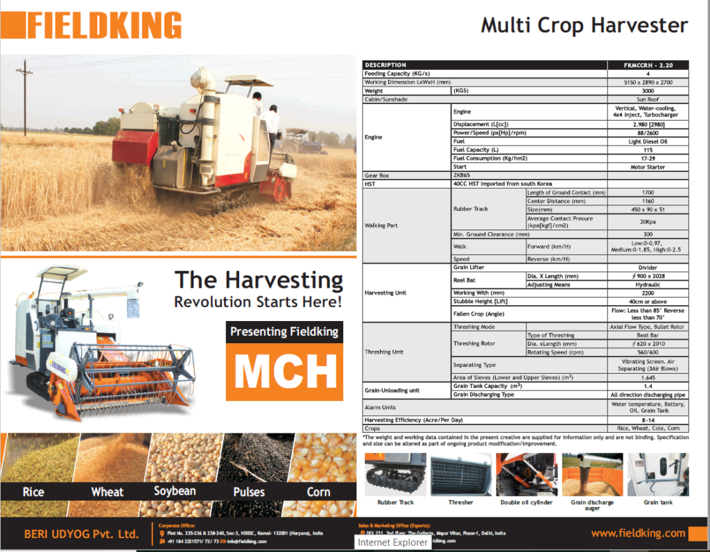 FIELDKING Mult-Crop Harvester Available at LonAgro Specifications